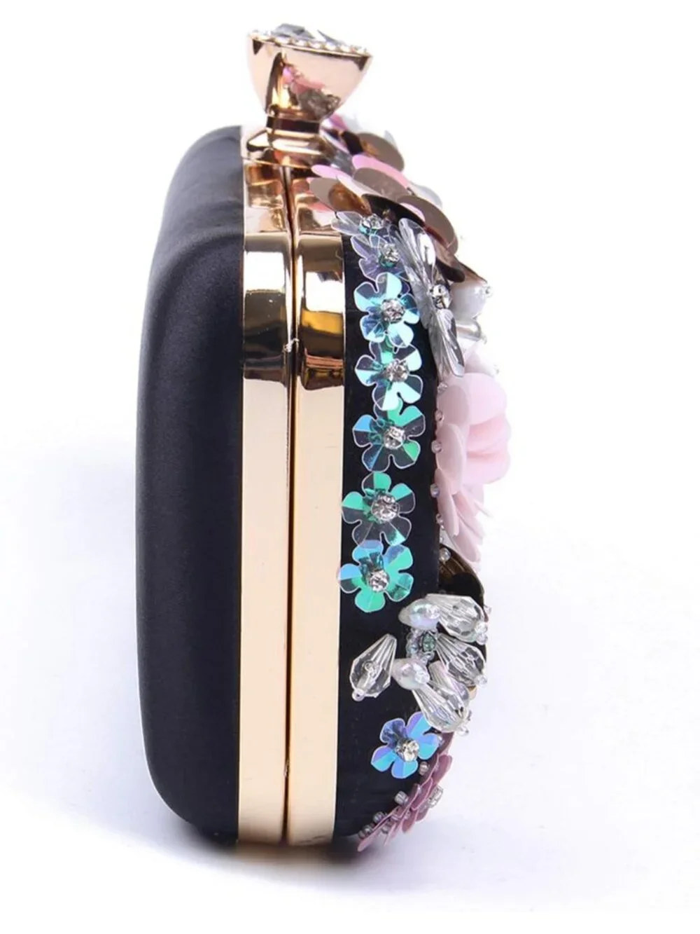 Women's Black Clutches Flower Evening Handbag Chain Strap Elegant Shoulder Bag